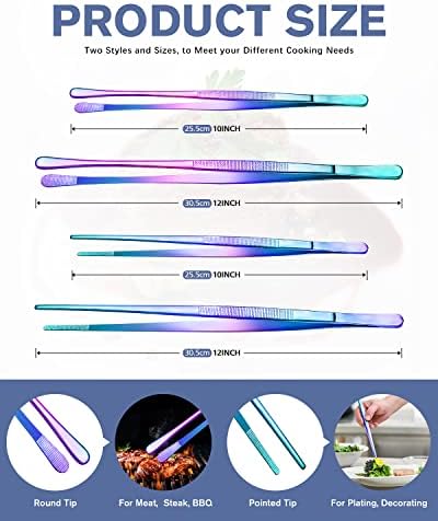 4 Pcs Fine Long Tweezer Tongs Professional Rainbow, 12'' and 10'' Stainless Steel for Kitchen, Food, Cooking, Repairing, Sea food and BBQ