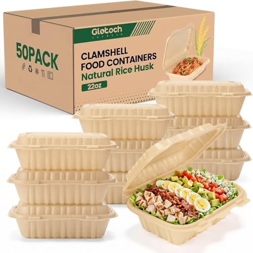 Clamshell Take Out Food Containers, 50 Pack-22oz Disposable Meal Prep Containers Natural Rice Husk Material Durable To Go Containers for Pasta Salad Snacks Taco Chinese Food Restaurants 8"X6"X2.5"