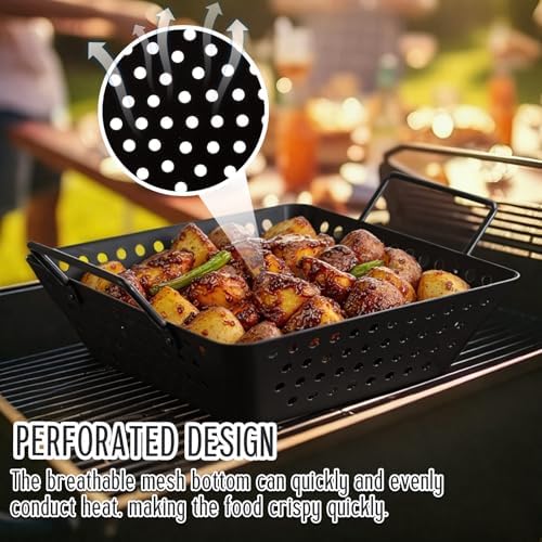 3 Pack Grill Topper Pans for Outdoor Grill, Stainless Steel Vegetables BBQ Grilling Basket with Holes Handles, Nonstick Barbecue Pan Grilling Gifts for Camping Picnic Cooking Seafood Meat