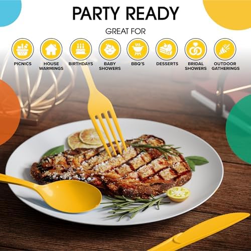 Party Solids Yellow Plastic Silverware 150 Pcs Yellow Cutlery Set