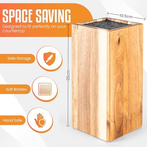 Acacia Wood Angled Knife Block with Multi-Purpose Holder – Universal Kitchen Knife Storage with Removable Bristle Insert (Honey brown, regular medium)