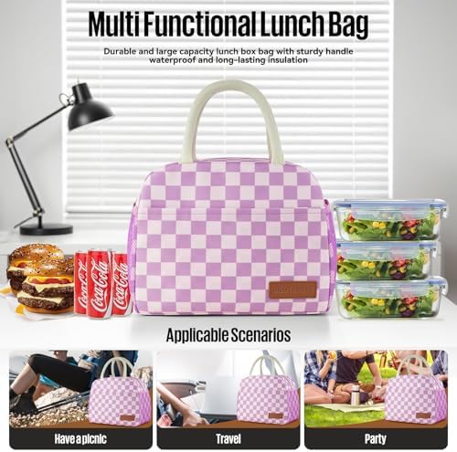 Lunch Bag Women/Men Lunch Box Women/Men (Purple+Pink Checkerboard)