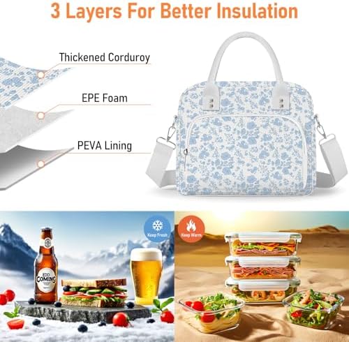 Lunch Bag Large Insulated Lunch Box for Women Men Adult Cute Blue Floral Lunchbox Corduroy Lunch Bags Boxes Pail with Shoulder Strap for Work Mom Picnic Office Travel 11.4×6.8×9.1 inches 11.5L