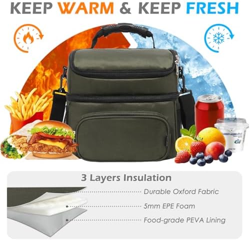 FlowFly Double Layer Cooler Insulated Lunch Bag Adult Lunch Box Large Tote Bag for Men, Women, With Adjustable Strap,Front Pocket and Dual Large Mesh Side Pockets