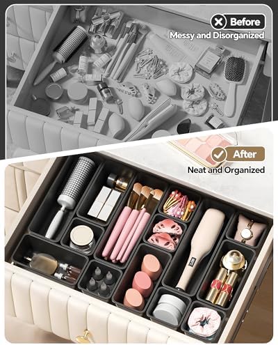 Canfanni 13 Pack Plastic Drawer Organizers Set, 3 Sizes Desk Drawer Organizer Trays for Vanity and Makeup Organizer, Organization and Storage for Makeup, Kitchen Utensils, Bathroom and Office(Black)