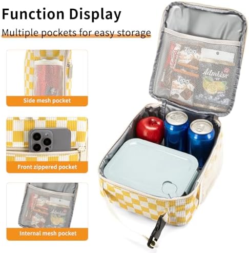 Lunch Box for Women Men Adult Insulated Lunch Bag Women Men Small Reusable Lunchbox for Work Picnic Travel (Beige-Yellow Plaid)