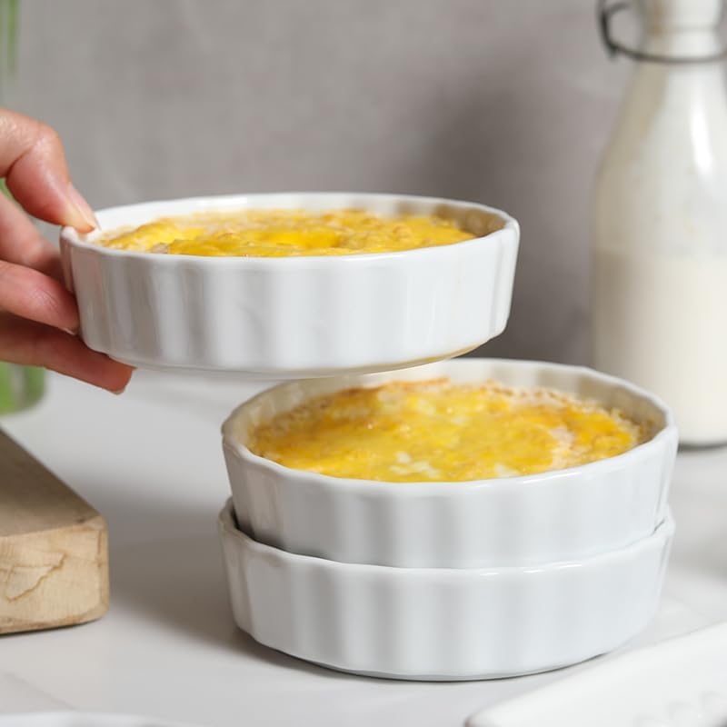 6 Oz Creme Brulee Dishes, Creme Brulee Ramekins Set of 6, Ceramic Brulee Souffles Dishes, Wave Round Ramekins Pie Pan, White Baking Dish for Dessert, Tart, Appetizers, Oven Dishwasher Safe