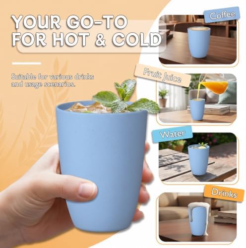 Wrova Wheat Straw Cups 6 PCS Good Alternative to Plastic Reusable Cups 12 oz Unbreakable Drinking Cup Reusable Dishwasher Safe Water Plastic Glasses Light Blue