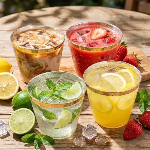 I00000 200 Pack Gold Plastic Cups, 9 OZ Elegant Gold Rimmed Plastic Cups