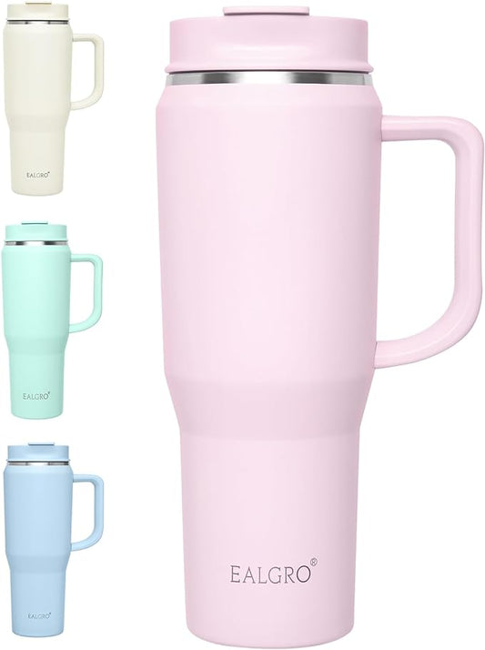 40 oz Tumbler with Handle, Insulated Tumblers with Lid and Straw, Large Metal Sports Water Bottle Jug, Thermal Stainless Steel Travel Coffee Mug Cup, Blush