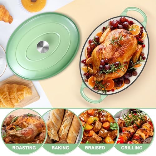 E-far 5QT Oval Dutch Oven Pot with Lid, Green Enameled Cast Iron Dutch Oven