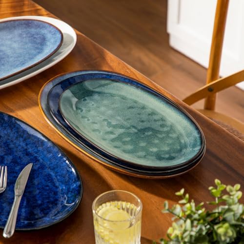 vancasso Ceramic Serving Platters Set of 3, Oval 16/14.7/13.5 Inch Stoneware Serving Dishes for Entertaining, Microwave Safe Serving Trays for Food, Turkey, Cheese, Party, Reactive Glaze Green