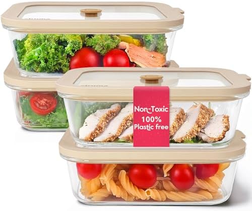 Non-Toxic Glass Food Containers with Lids, 4-Pack, 35 oz, Airtight, Beige