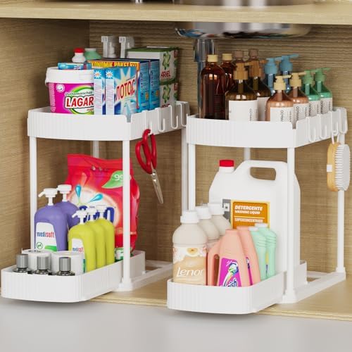 2 Packs Under Sink Pull-Out Storage Organizers, 12.8 Inches, White