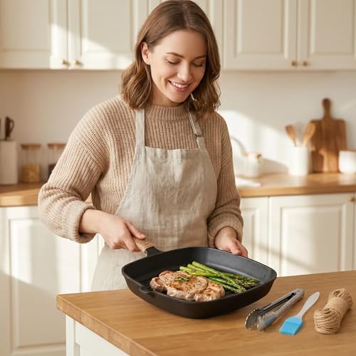 Cast Iron Grill Pan, 9.5" Square Griddle Skillet with Pour Spout, Oven Safe