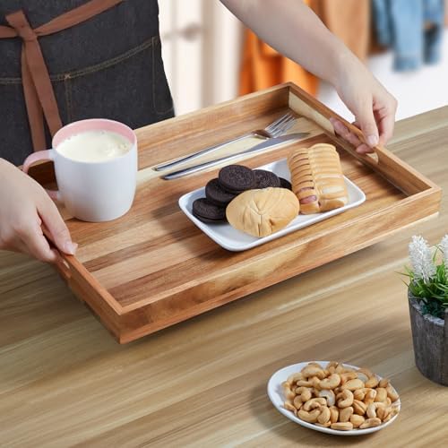2 Pack Acacia Wood Serving Tray with Handles - 17 Inch Large Wooden Tray for Ottoman, Breakfast in Bed, Dinner, Coffee Table
