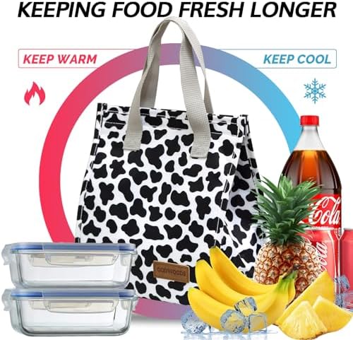 TELLUMO Black Cow Print Insulated Lunch Bag for Women, Cute Small Reusable Leakproof Lunch Box Tote Bag for Work Office Travel