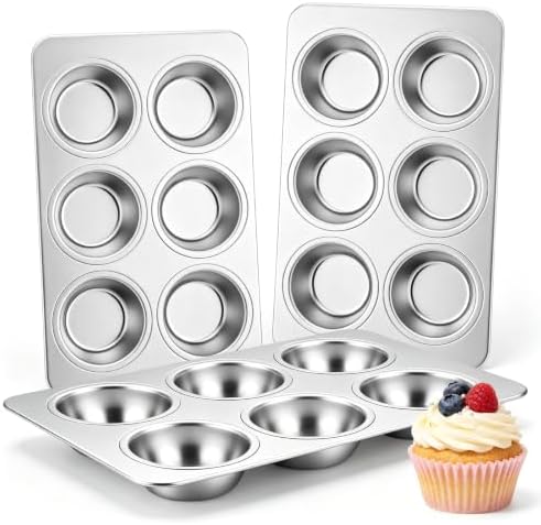 Onader 6 Cup Muffin Pan for Baking, Stainless Steel Cupcake Pan, 3 Pieces