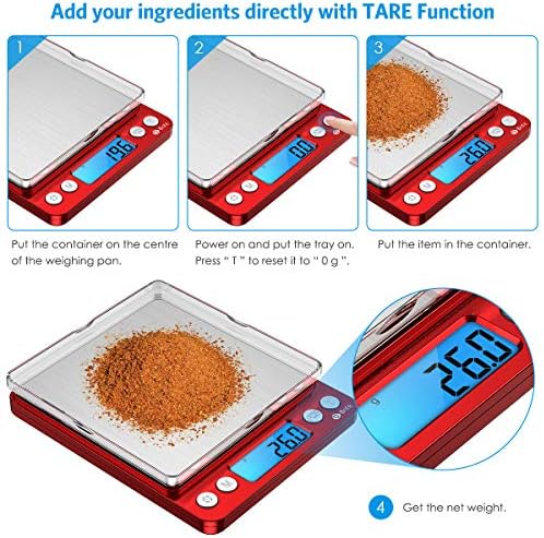 Digital Kitchen Scale, 3000g Pocket Cooking Scale with 0.1g Accuracy, Mini Food Scale, Pro Electronic Jewelry Scale with Back-Lit LCD Display, Tare & PCS Functions (Red, Batteries Included)