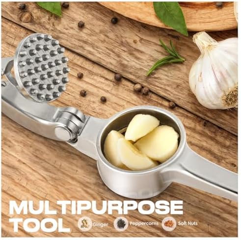 Kitchen Garlic Press, Rust Proof & Dishwasher Safe Garlic Mincer, Durable Garlic Crusher Set with Peeler＆Brush, Easy to Clean and Squeeze, Matte
