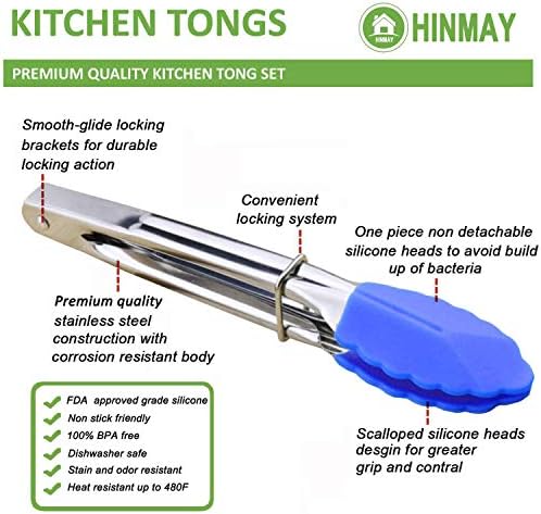 HINMAY Small Tongs with Silicone Tips 7-Inch Serving Tongs, Set of 3 (Blue)