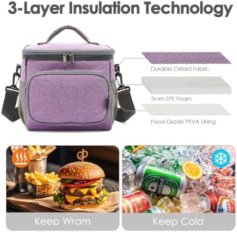 FlowFly Insulated Reusable Lunch Bag Adult Large Lunch Box for Women and Men with Adjustable Shoulder Strap,Front Zipper Pocket and Dual Large Mesh Side Pockets,Purple