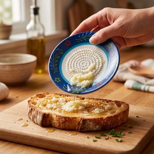Ceramic Garlic Grater Plate Set – Hand-Painted Floral 4-Piece Set with Silicone Peeler, Cleaning Brush & Display Stand – Porcelain Grater Dish for Garlic & Ginger (Blue)