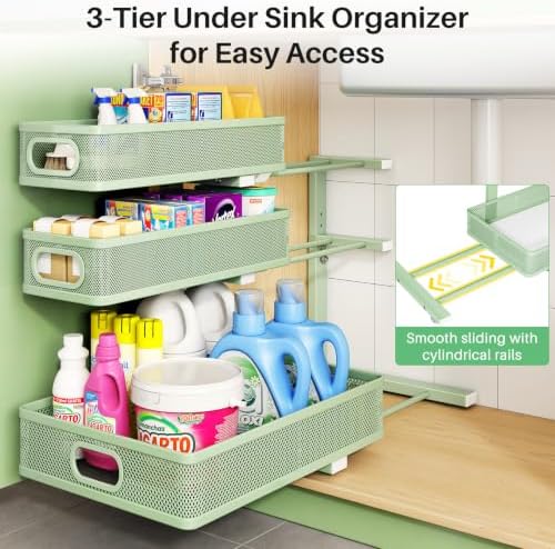Kitstorack Under Sink Organizer, 2-Pack 3-Tier Height Adjustable Thickened Metal Pull out Cabinet Organizer Shelf, Slide out Storage Drawer Rack for Bathroom Kitchen Pantry Home Organization, Green
