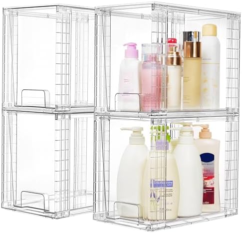 Vtopmart 4 Pack Clear Stackable Storage Drawers,9.7" High Plastic Organizers Bins for Skincare, Bathroom Supplies,Ideal for Cabinet,Undersink,Vanity,Kitchen,Pantry Organization