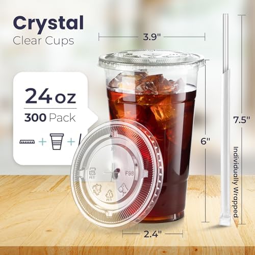Fit Meal Prep 300 Pack 24 oz Plastic Iced Coffee Cups with Flat Lids and Clear Straws, Disposable Clear Cup, BPA Free Cup for Party, Smoothie, Cold Drinks, Juice, Milkshake, Bubble Boba, Tea