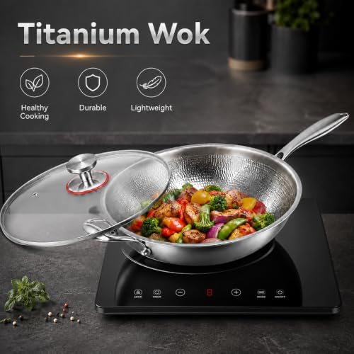 Toutrop 13Inch Titanium Wok,No Coating Titanium Wok Pans for Cooking,Non Stick Wok Pan,PFAS/PFOA/PTFE Free Cookware, Induction Titanium Frying Pans,Dishwasher&Oven Safe