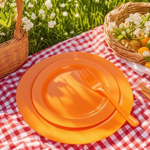 FLOWERCAT 60PCS Orange Plates - Heavy Duty Orange Plastic Plates Disposable for Fall Party & Halloween&Thanksgiving - Serve 30 Guests 10.25inch and 7.5inch