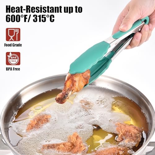 Doosu Kitchen Tongs with Silicone Tips for Cooking Serving (7in, Aqua Sky)