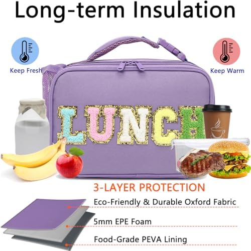 GYEUKHAM Insulated Lunch Box for School, Thermal Reusable Durable Freezable Lunch Bags for Kids Boys Girls Men Women - Small Soft Cooler Portable Lunch Tote Kit for Work Picnic Travel,Purple Alphabet