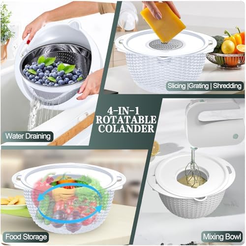 4-1 Colander with Bowl Set - Rotatable Colander for Kitchen(Patented) - Strainers and Colanders - Pasta Strainer with New Upgraded Graters for Fruit Veggie Fun Kitchen Presents - White