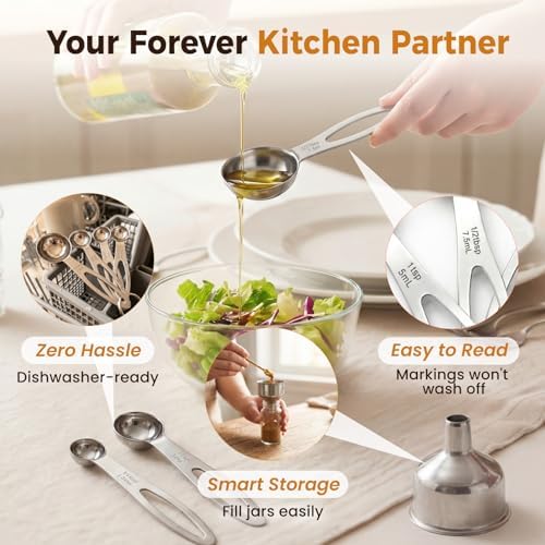 13PCS Stainless Steel Measuring Cups and Spoons Set with Funnel, Stackable Metal Measuring Cup and Spoon Set for Baking Cooking, Dishwasher Safe Kitchen Tools with for Dry & Liquid Ingredients
