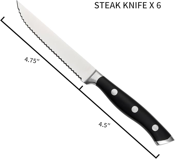 Alata 6-Piece Steak Knives Set, 4.7 Inch with Serrated Edge Razor-Sharp Dinner Knives, Full-Tang Construction