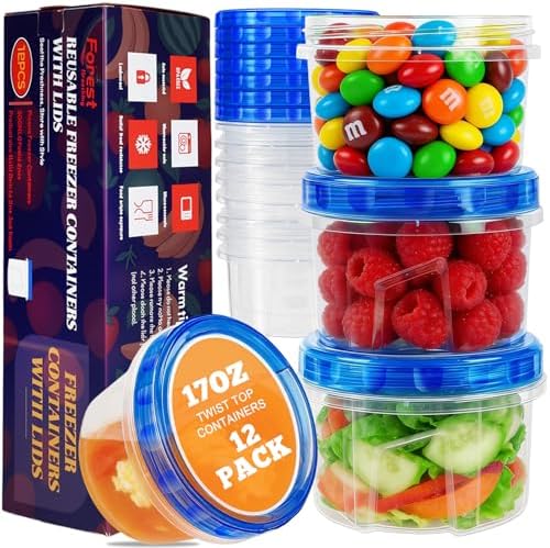 12 Pack 17oz Small Freezer Storage Containers with Twist Lids for Meal Prep