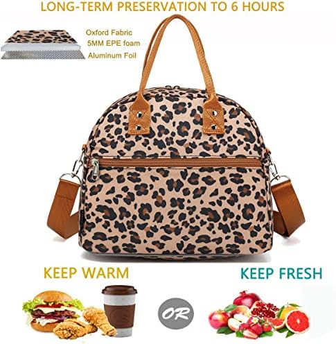 FlowFly Insulated Lunch Bag With Shoulder Strap for Women, Men, and Kids, Large and Reusable, Handle, Freezable Work and School Travel Tote and Meal Prep Organizer,Leapard