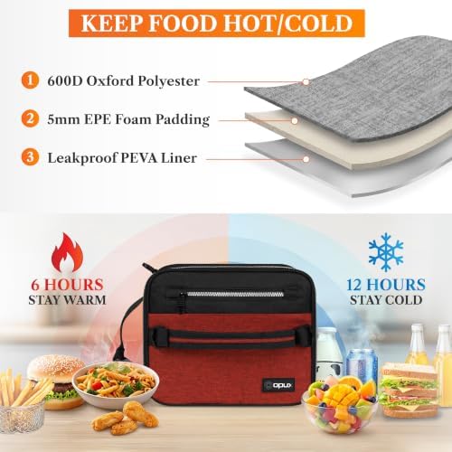 opux Insulated Lunch Bag for Men Women Kids, Soft Lunch Box, Red