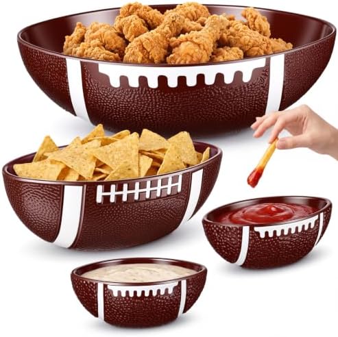 Qinyoung 4 Pack Football Serving Bowls Set, 3 Sizes Melamine Snack Bowls, Reusable Sports Themed Dishes for Game Day, Birthday Party, Chips Popcorn Candy Fruit Serving Supplies