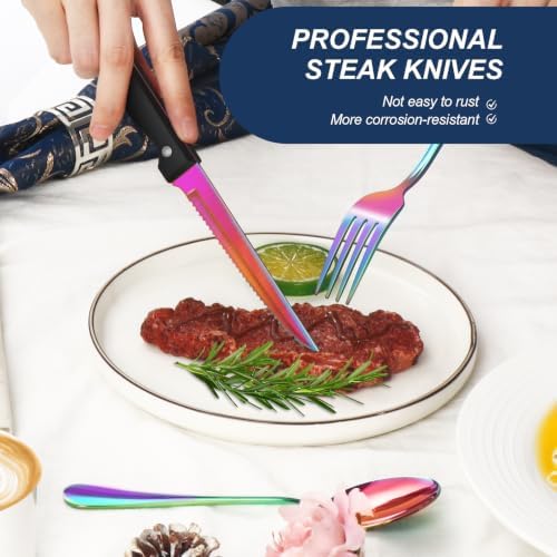 24-Piece Rainbow Silverware Set with Steak Knives Black Stainless Steel Flatware Set for 4 Food Grade Tableware Cutlery Set Rust-proof, Mirror Polished, Dishwasher Safe