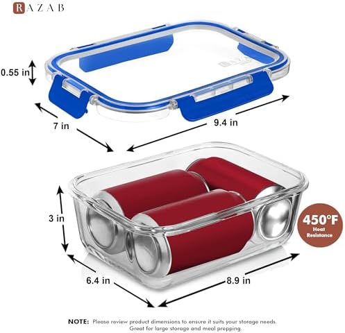 Razab 2 Pcs 1860ml / 63 Oz Large Glass Food Storage Containers with Lids - Glass Meal Prep Containers with Locking Lids for Roasting, Storing Leftover, Lunch Container, BPA Free, Microwave & Oven Safe