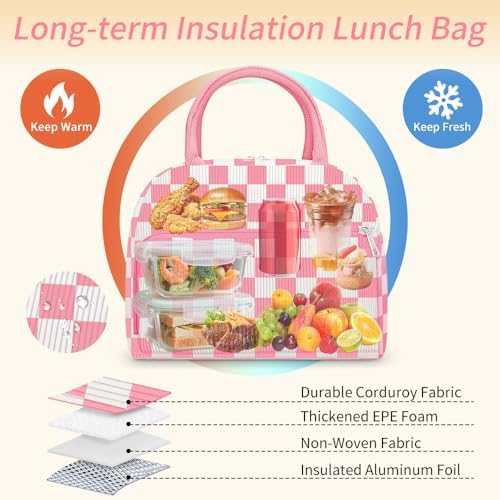 Coobiiya Corduroy Lunch Bag Lunch Box for Women Men, Cute Corduroy Lunch Tote Bags Insulated Reusable LunchBox Large Capacity Cooler Bag for Work Travel Picnic Pink