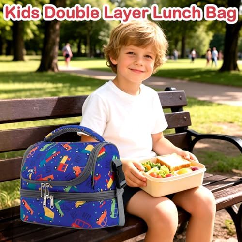 FlowFly Kids Double Decker Cooler Insulated Lunch Bag Large Tote for Boys, Girls, Men, Women, With Adjustable Strap, Car