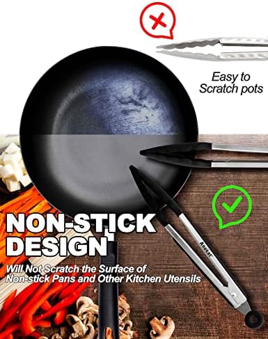 Anaeat Non-Stick Silicone Locking Tong Set of 2 - Stainless Steel 9" and 12" Kitchen Food Tongs with Non-Slip Silicone Tips and Grip for Cooking, Baking and BBQ - Heavy Duty & Heat Resistant (Black)
