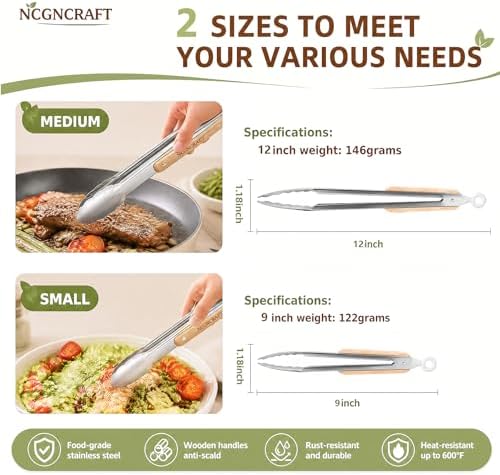 9+12 inch Stainless Steel Kitchen Tongs for cooking with Wood Handle, Set of 2