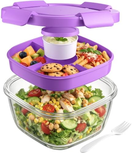 Canfanni Glass Salad Container, 56oz Bowl with Airtight Lids, Tray, Fork