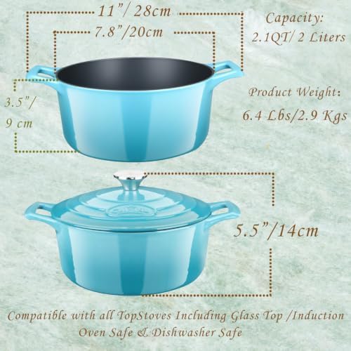 La Cuisine Enameled Cast Iron Dutch Oven Casserole Pot with Lid Internal Matt Black Enamel Coating for baking bread 2.1 QT 7.8" /20cm Ø, GlassTop, Oven-Safe 550°F/276°C Teal
