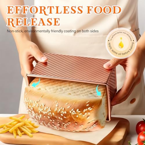 3-Pack Bread Pan with Lids, 2.2LB & 1LB & 1LB Dough Capacity, Non-Stick Carbon Steel Pullman Loaf Pan for Baking, Professional Toast Box Mold with Baking Tools - Gold